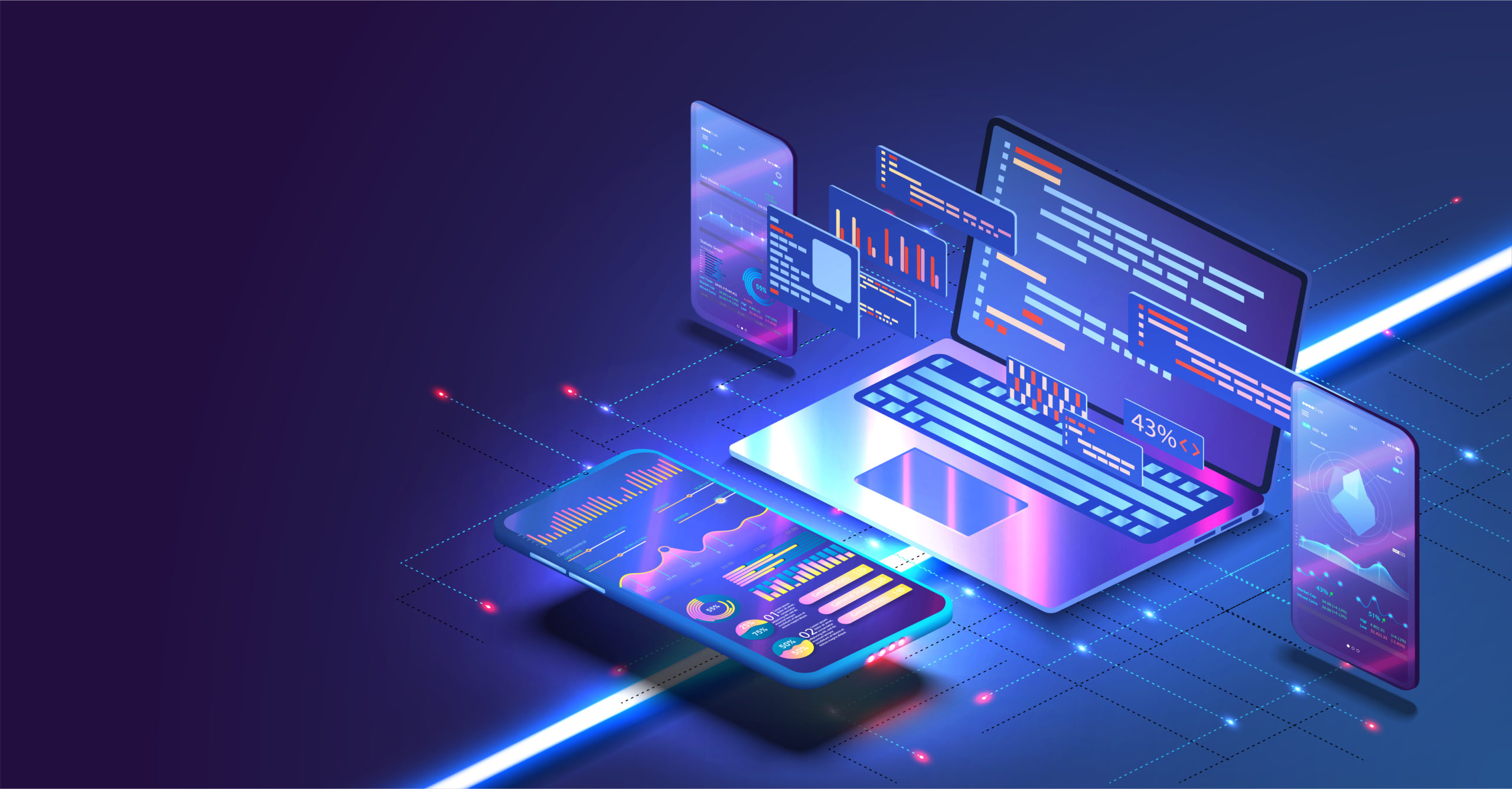 software development coding process concept showing modern devices connected by coding