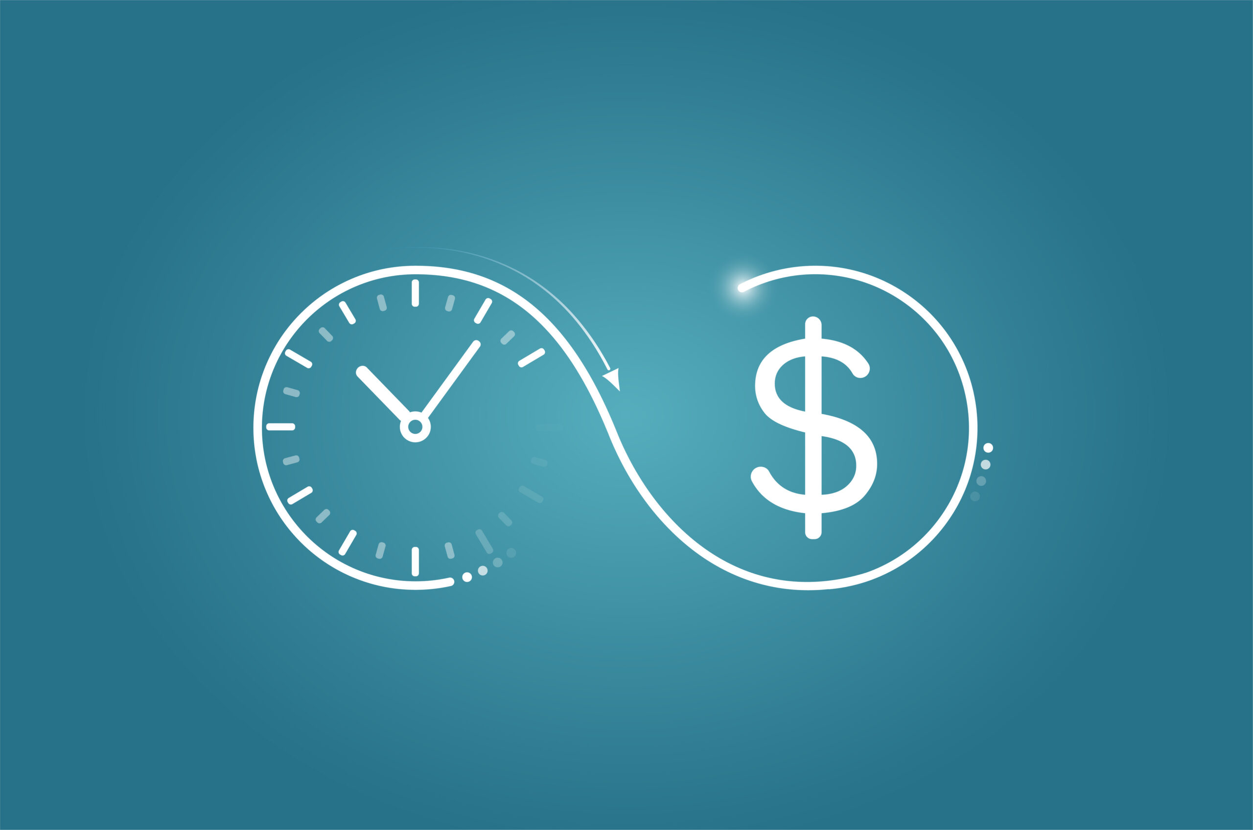 Vector logo of a clock flowing into dollar symbol - time to market concept 