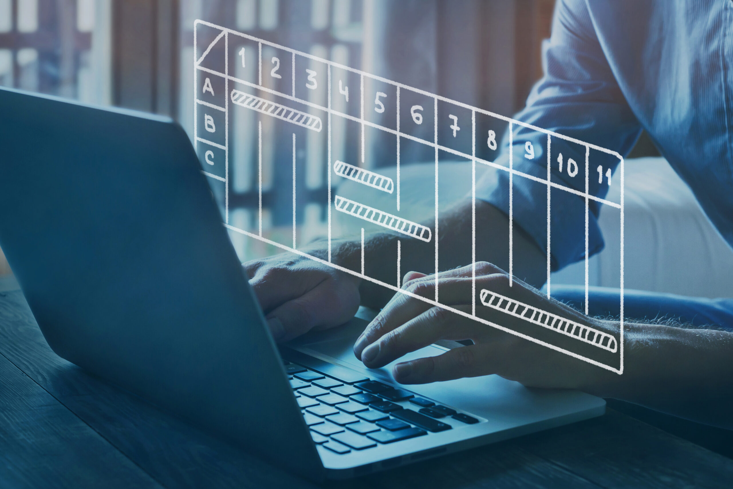 project management concept with gantt chart, business schedule on virtual screen of computer