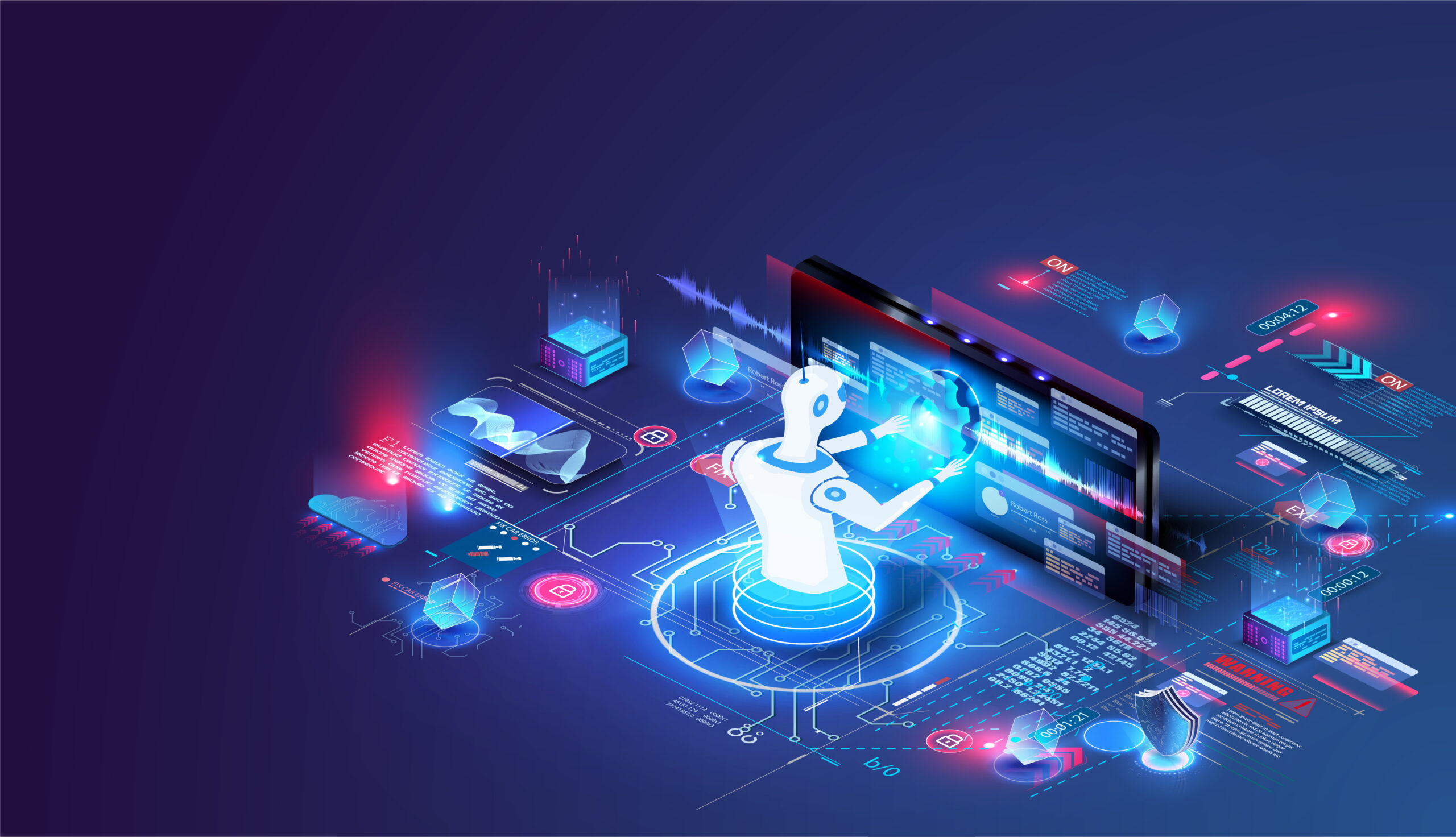 Isometric artificial intelligence. Neuronal or ai technology background with robot head and connections of neurons.