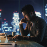 Portrait of Thoughtful Successful Businessman Working on Laptop Computer in His Big City Office at Night.