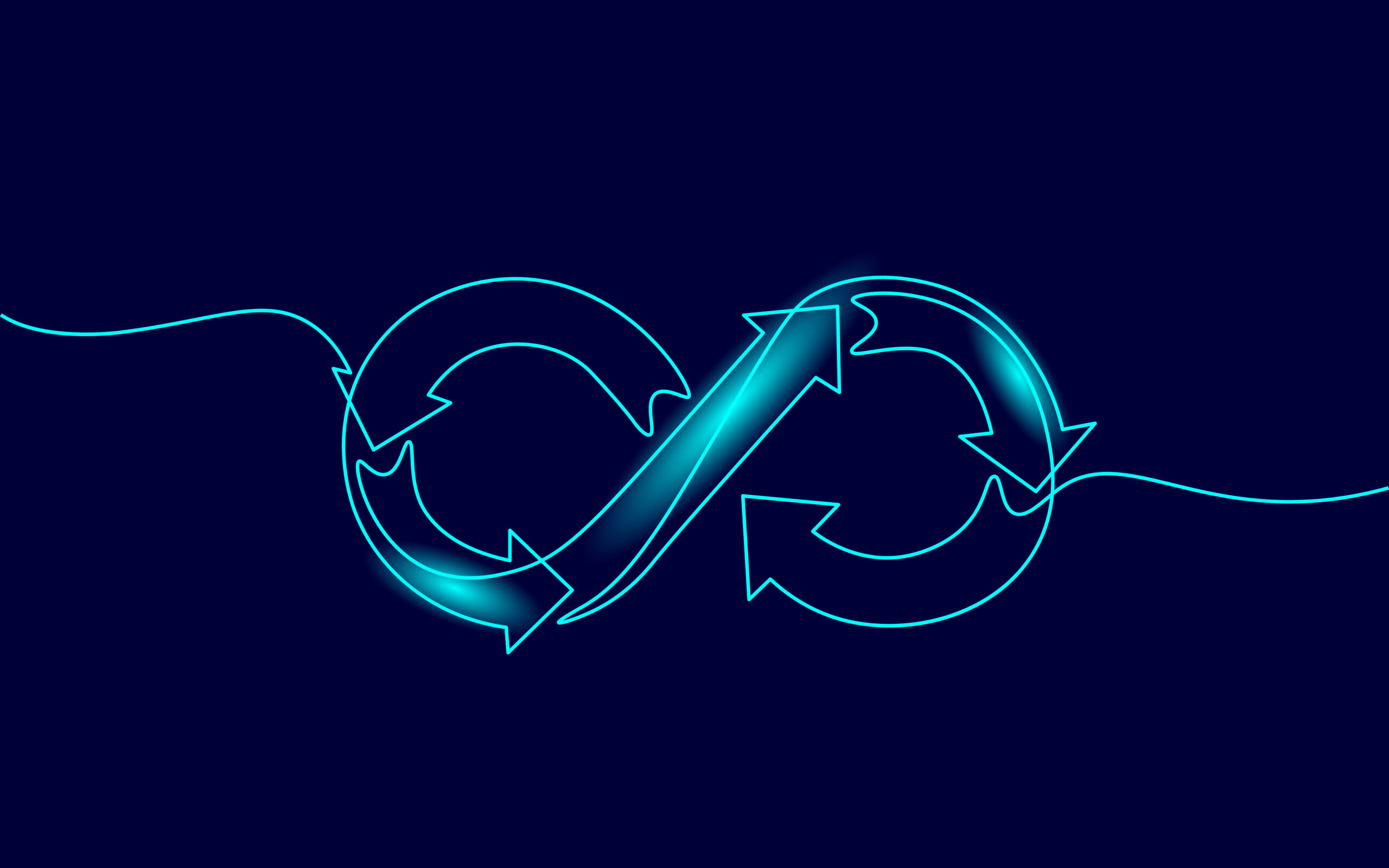 Single continuous line art devops agile concept. Infinity symbol team workflow programming project management. Design one stroke sketch neon drawing vector illustration art.