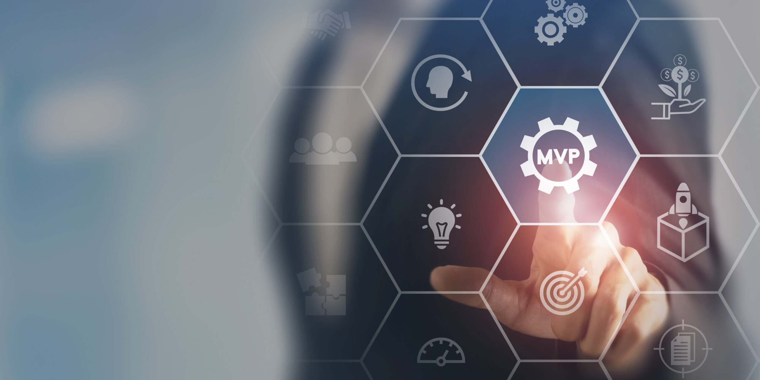 MVP, minimum viable product concept for lean startup. Life cycle of product development. Analysis and market validation.Touching on abbreviation MVP surrounded by learn, build, measure icons.