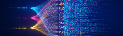 Big data technology and data science illustration. Data flow concept. Querying, analysing, visualizing complex information. Neural network for artificial intelligence. Data mining. Business analytics.