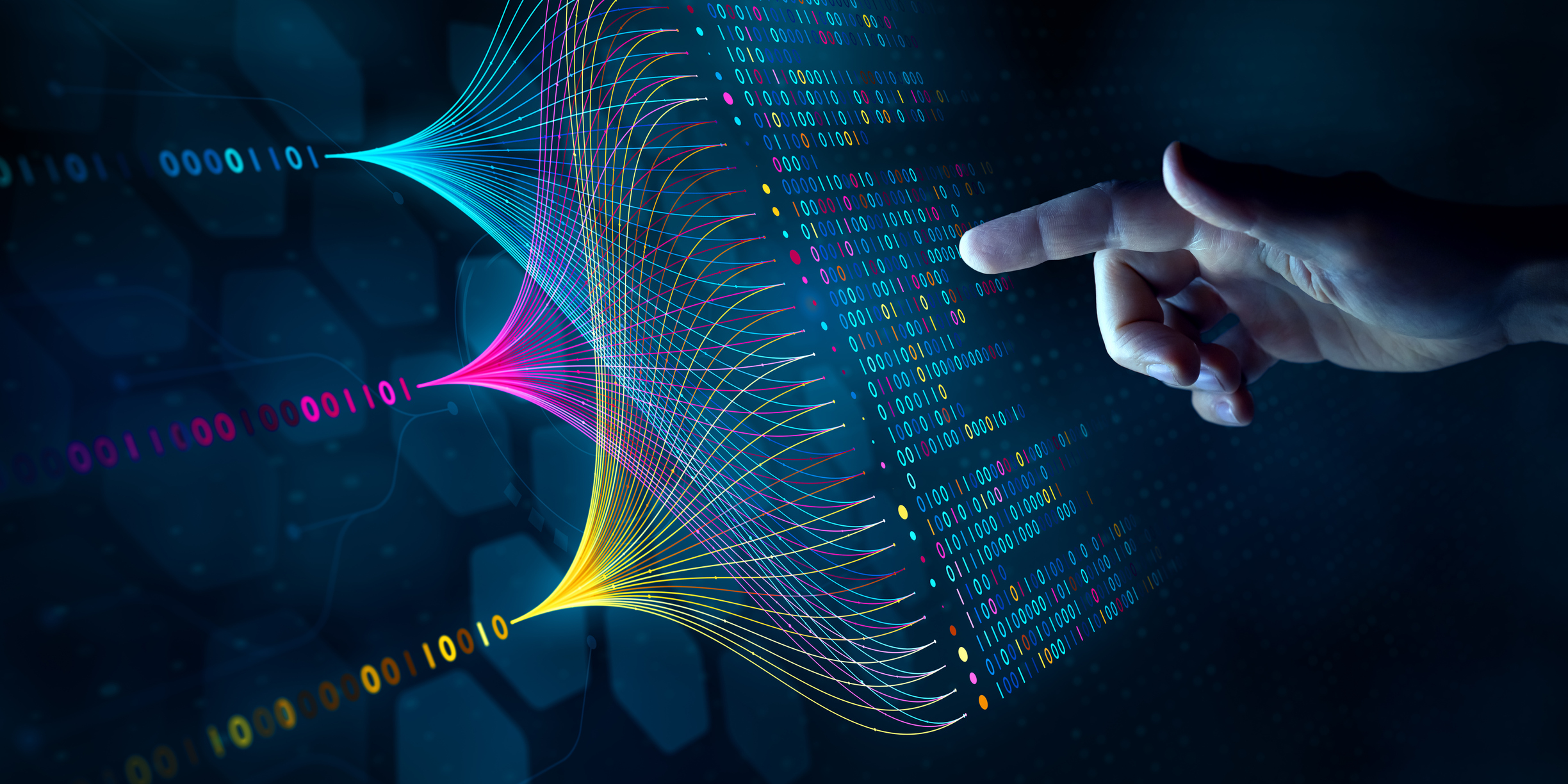 Big data technology and data science. Data scientist querying, analysing and visualising complex data set on virtual screen. Data flow concept. 