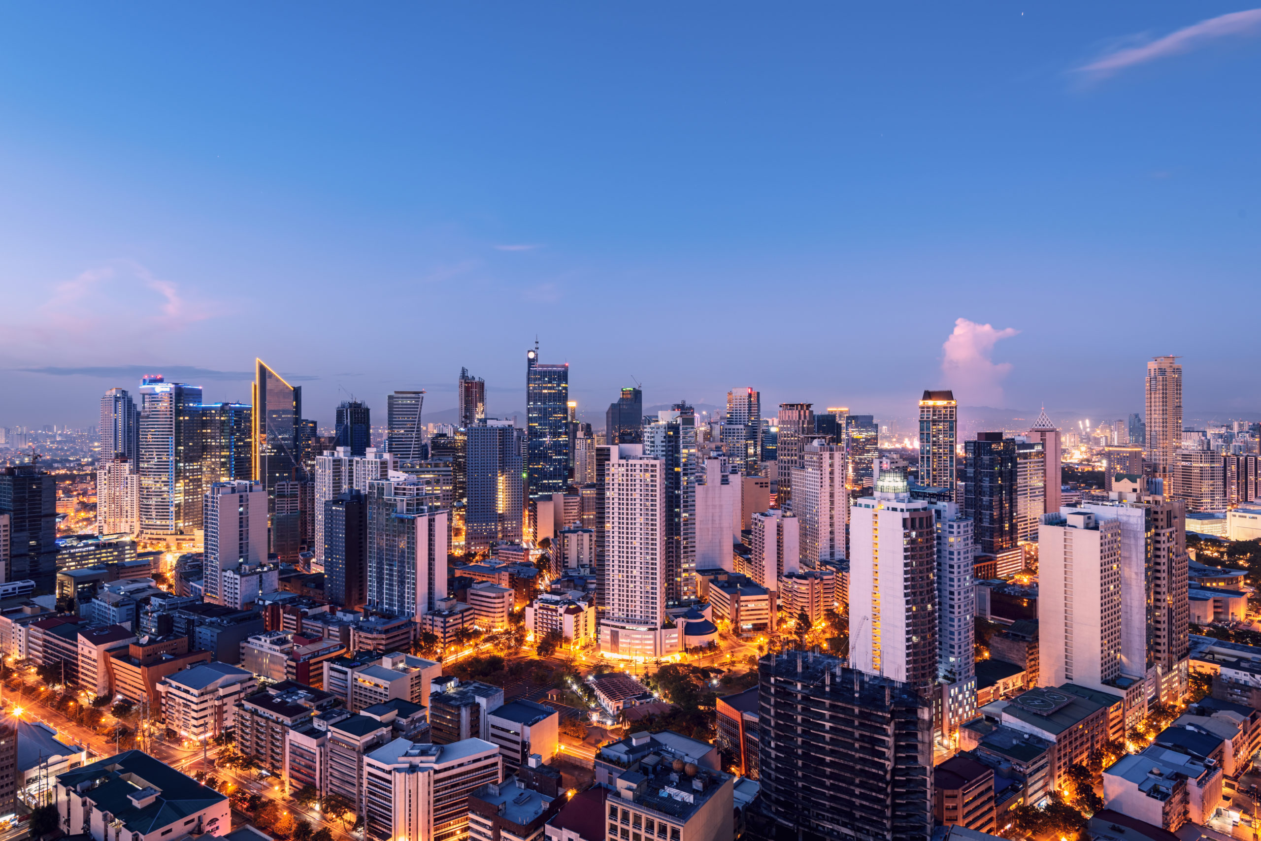 Elevated, night view of Makati, the business district of Metro Manila.