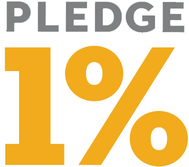 The Pledge 1% logo. Grey word pledge above a large yellow 1%.